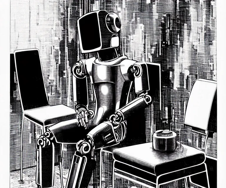 Image similar to robot wearing highly detailed hyperrealism neofuturistic cyberpunk neuralinterface is sitting on a chair, by wally wood and moebius