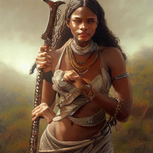 Image similar to artstation concept of a beautiful girl holding a sword in both hands, brown skin, sweaty skin, symmetrical face, casual white garment, brown canyon background, shiny colorful, hyperdetailed, artstation trending, world renowned artists, worth1000.com, historic artworks society, antique renewel, cgsociety, by greg rutkowski, by Gustave Dore, Deviantart