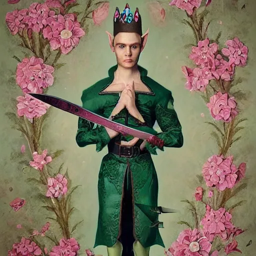 Image similar to portrait of a male fantasy elf holding a sharp wicked dagger stiletto knife. he wears a crown of flowers. baroque portrait, 8k ultra HD, by esao andrews