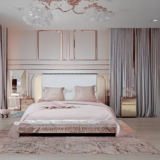 Image similar to 3 d render of white bedroom with rose gold metallic accents