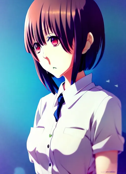 Image similar to anime portrait of a beautiful woman, medium long bob, straight bangs, wearing school uniform, ilya kuvshinov, anime, pixiv top monthly, trending on artstation, cinematic, danbooru, zerochan art, kyoto animation