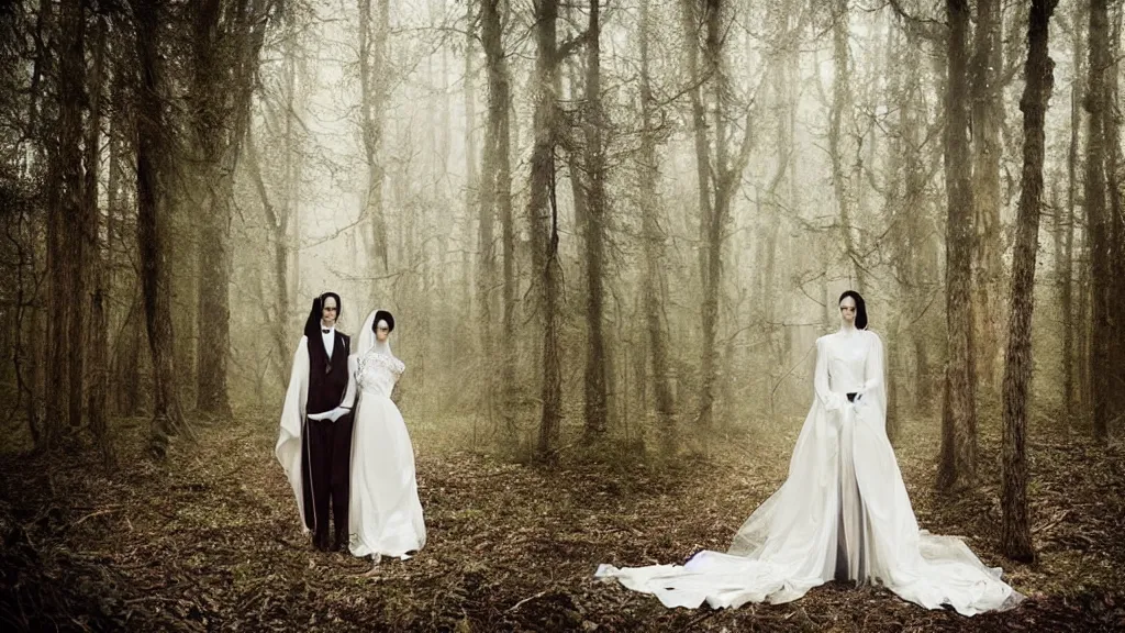 Image similar to eerie atmospheric symmetrical vogue wedding photography in a forest by paolo roversi