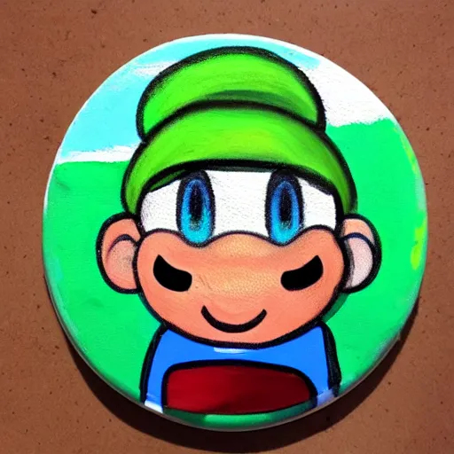 Image similar to oil on styrofoam crust - painting with melt of the yoshi story where baby mario is eaten by kirby