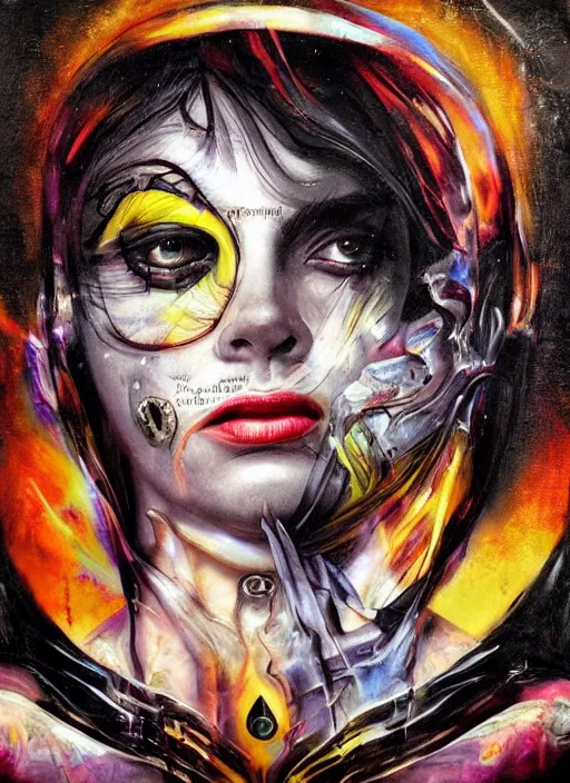 Image similar to gorgeous magic cult psychic woman smiling, third eye, energetic consciousness psychedelic, epic surrealism expressionism symbolism, story telling, iconic, dark robed, oil painting, symmetrical face, dark myth mythos, by Sandra Chevrier , H R Giger, masterpiece cinematic composition, dramatic pose, beautiful lighting, sharp, details, hyper-detailed