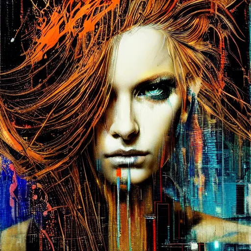 Prompt: hyperrealistic portrait of a mysterious cyberpunk woman with flowing hair, by Guy Denning, Russ Mills, beautiful, elusive, glitch art, hacking effects, glitch effects, brown eyes, fiery eyes, digital tech effects, cybernetics, detailed lines, intricate detail, holographic, polished, chromatic, clear, color blocking!, acrylic on canvas, octane, concept art, abstract, red face, front view, artistic, 8k, cgsociety, trending on artstation