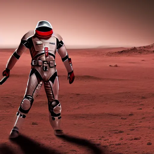 Prompt: gigachad space infantry man in glossy sleek white armor with small red details and a long red cape, heroic posture firing laser rifle, on the surface of mars, night time, dramatic lighting, cinematic, sci-fi, hyperrealistic, movie still