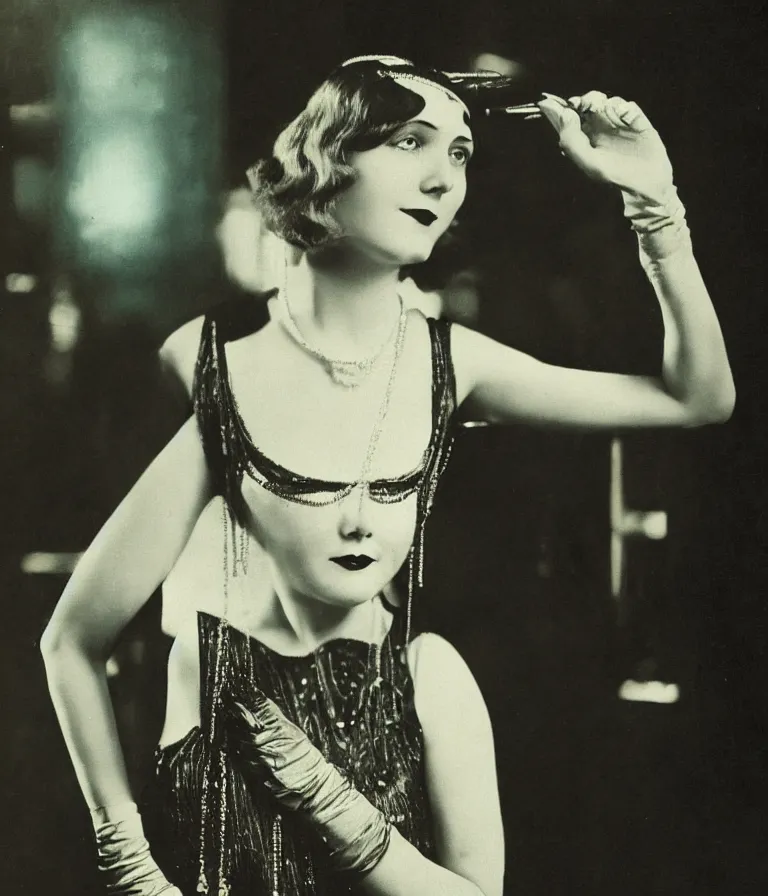Prompt: antique grainy colored photo of a 1 9 2 0 s short - haired flapper woman in black satin gloves looking and smirking at the camera, at a party in a dimly lit speakeasy bar, jazz age, cohesive, 5 0 mm photography, precise, art deco, cinematic, low - lighting, photography