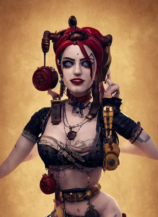 Image similar to steampunk portrait of harley quinn as a belly dancer, au naturel, hyper detailed, digital art, trending in artstation, cinematic lighting, studio quality, smooth render, unreal engine 5 rendered, octane rendered, art style by klimt and nixeu and ian sprigger and wlop and krenz cushart.