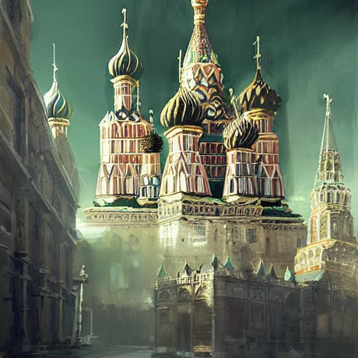 Prompt: Cyberpunk Churches Kremlin Moscow by Greg Rutkowski