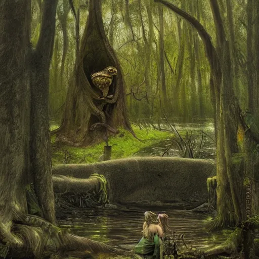 Image similar to Swamp dam in a dark forest with a huge statue of a toad, drawn by Viktor Vasnetsov, oil painting, harsh fairy tale, soft style, hyperrealism, beautiful, high resolution, trending on artstation,