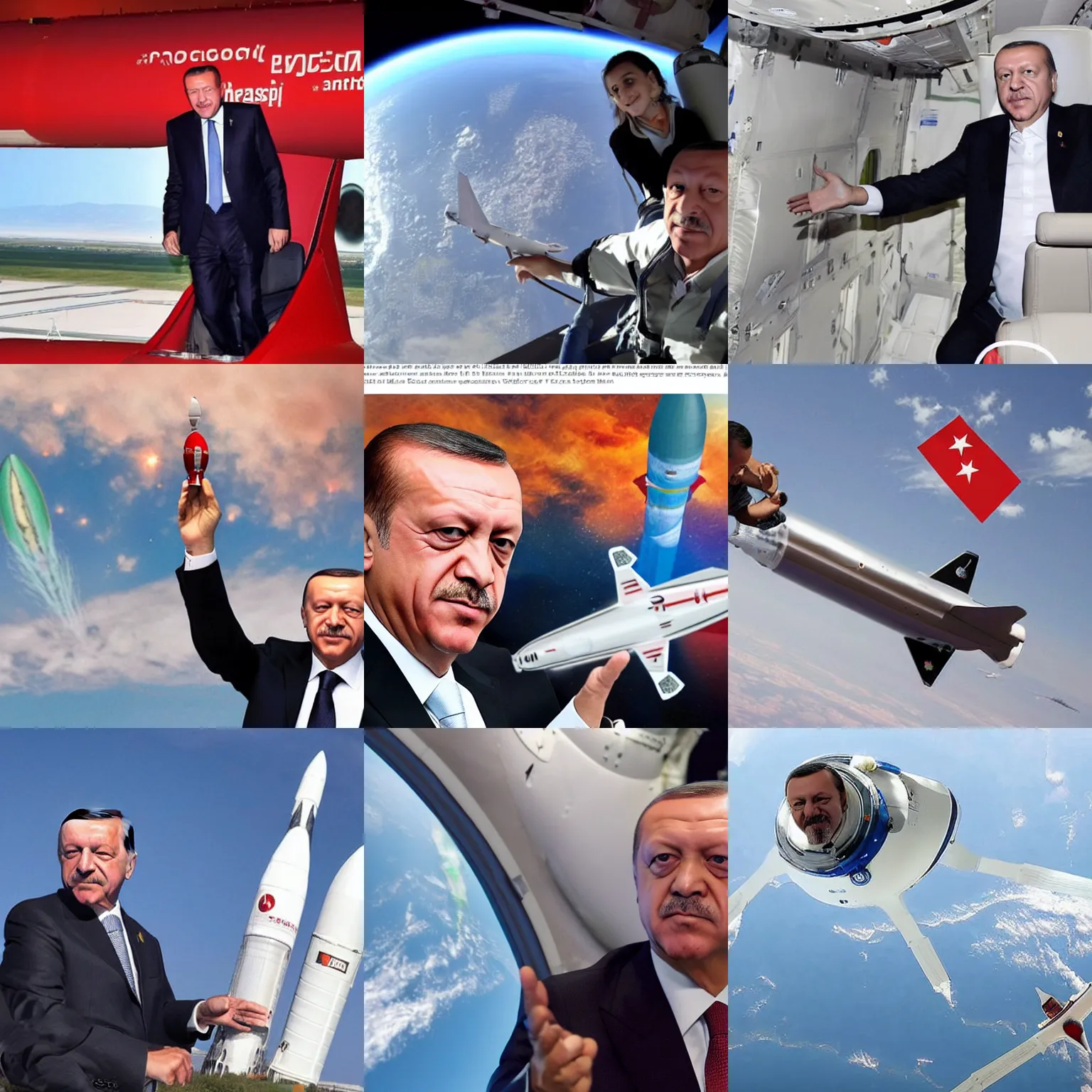 Prompt: recep tayyip erdogan flying to space with rocketship