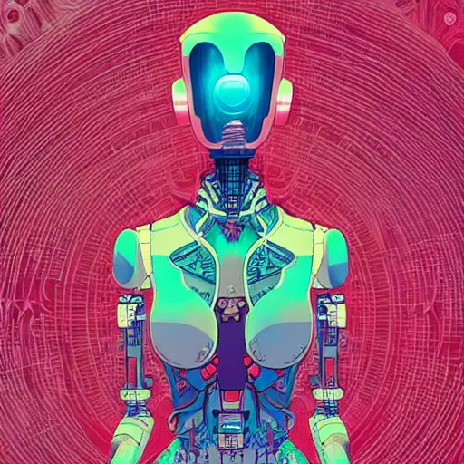 Image similar to a cybernetic mannequin by victo ngai and jakub rebelka and conrad roset and takashi murakami, trending on artstation
