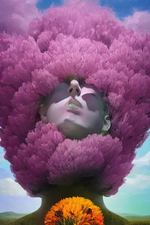 Prompt: closeup, huge flowers as head mohawk, woman in a heather field, surreal photography, starlight, storm clouds, impressionist painting, digital painting, artstation, simon stalenhag