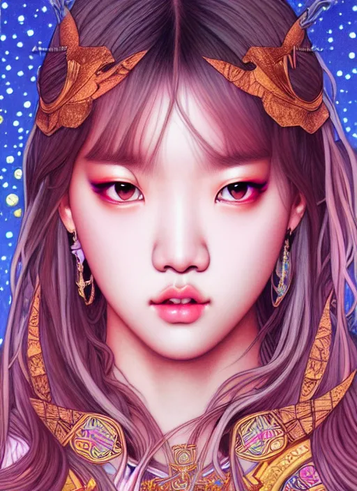 Image similar to lalisa manoban of blackpink, goddess of the moon, tarot card, highly detailed, digital painting, smooth, sharp focus, illustration, ultra realistic, 8 k, art by artgerm and alphonse mucha