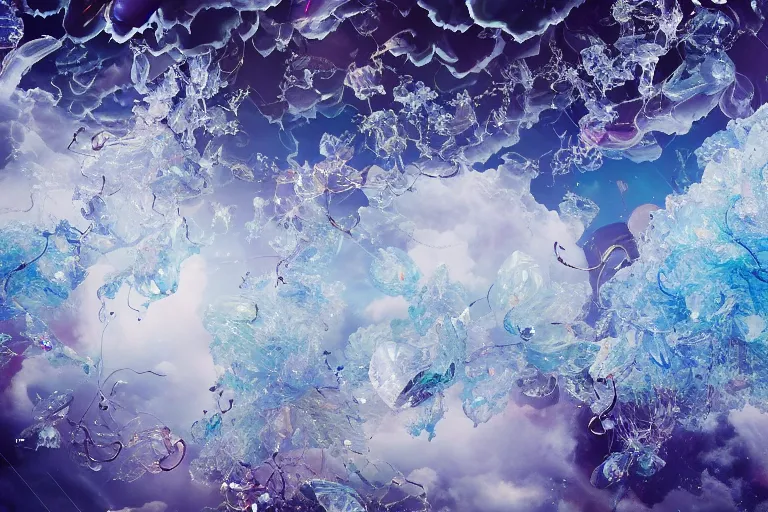 Image similar to simplicity, a huge flock of many ornate translucent puffy filigreed clouds tangled into large whirling ultra detailed clumps of crystal specimens, abstract environment, playful, award winning art, epic dreamlike fantasy landscape, ultra realistic,