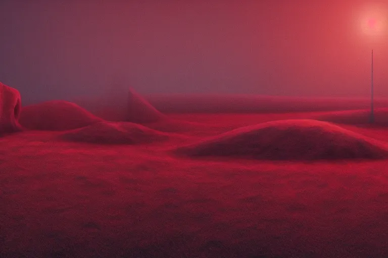 Image similar to a hd render of a surreal frozen landscape, cinematic lighting, by beeple and zdzisław beksinski, red color scheme