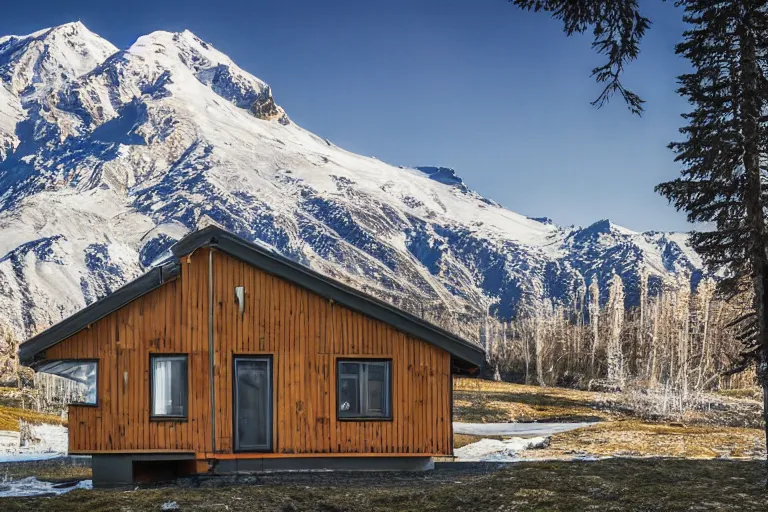 Image similar to architecture photo modern fachwerk house cottage settlement with Elbrus mountain on the background, architecture, photorealism 8k , shining and happy atmosphere, uplight, high details