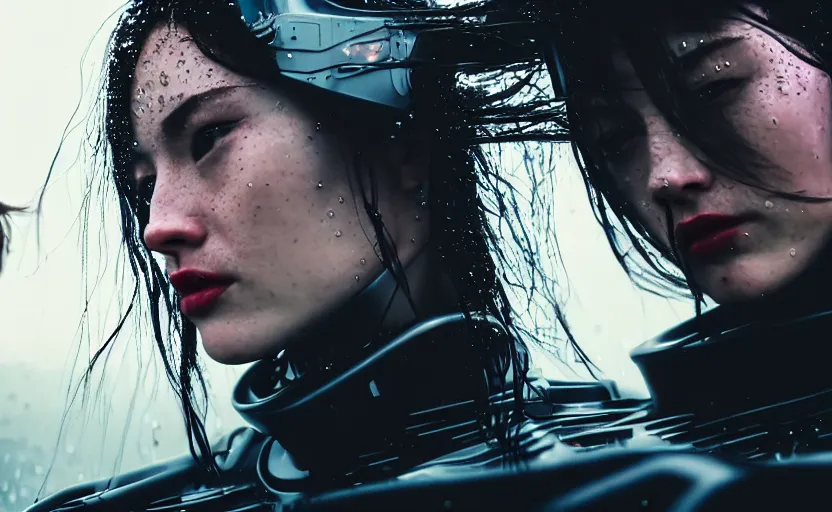 Image similar to cinestill 5 0 d candid action photographic portrait by quentin tarantino of two loving female androids wearing rugged black mesh techwear in treacherous waters, extreme closeup, modern cyberpunk retrofuturism moody emotional cinematic, pouring iridescent rain, 8 k, hd, high resolution, 3 5 mm, f / 3 2, motion blur, ultra realistic faces, ex machina