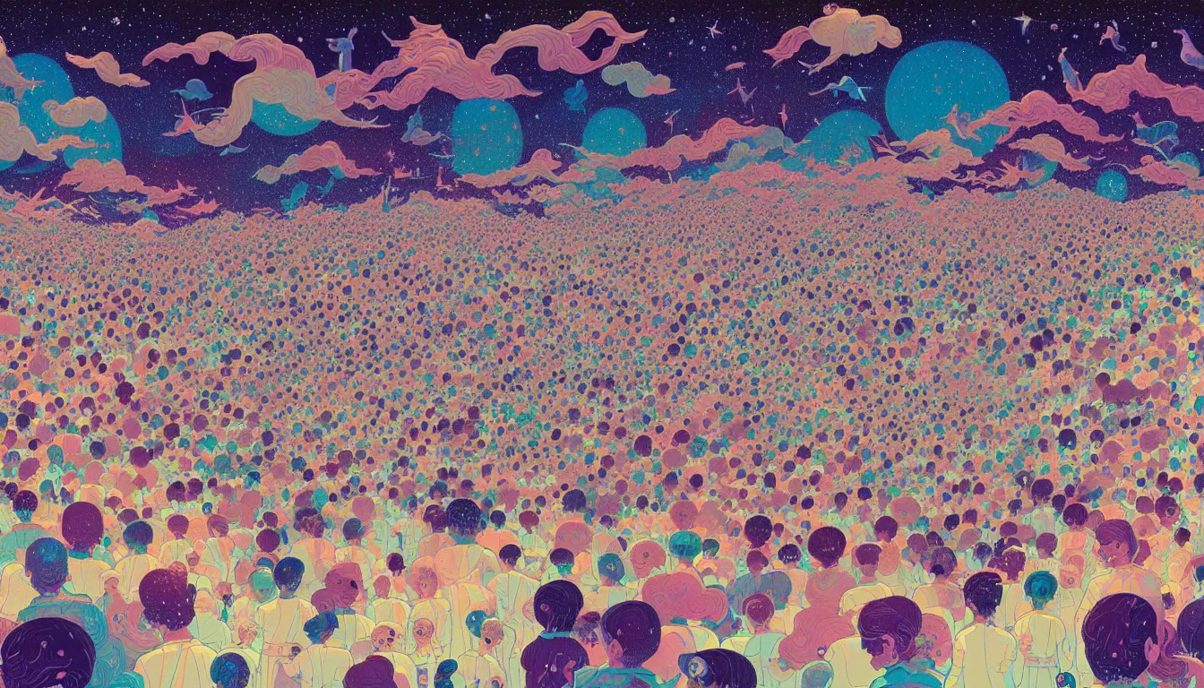 Prompt: painting of a field of angelic beings, in a cosmic playground by victo ngai, josan gonzalez, kilian eng