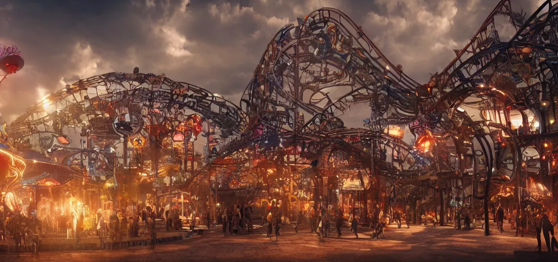 Prompt: synthesizer music themed amusement park, trending on artstation, dramatic lighting, octane render, weta digital, micro details, 3 d sculpture, structure, ray trace, insane details, intricate, elite, ornate, elegant