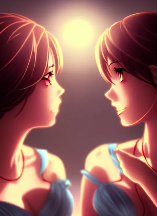 Image similar to two beautiful mothers taunting each other, gorgeous faces, smooth, cinematic lighting, detailed anime art