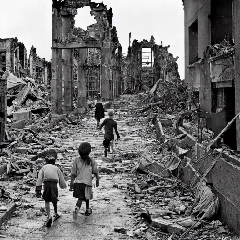 Image similar to homeless children walk through the ruins of the city, scary photo in color