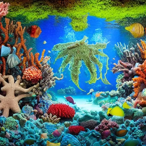 Prompt: a realistic colorful vivid drawing of the world under the sea, blue tepid waters with humanoid creatures covered in moss with coral, seashells and giant octupi around