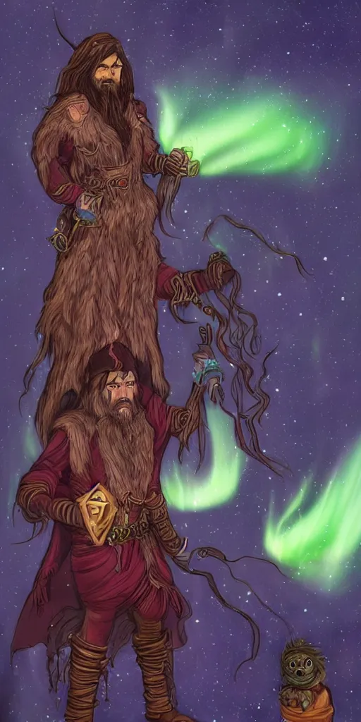 Image similar to dungeons and dragons, realistic,full body long hair goatee warlock with pet imp, magic aura, northern lights