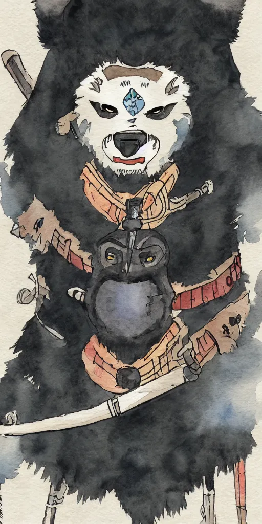 Prompt: anthropomorphic, half man half asian black bear, black bear samurai, Moon Bear Samurai, epic, samurai, illustration, watercolor, in the style of Studio Ghibli, Hayao Miyazak