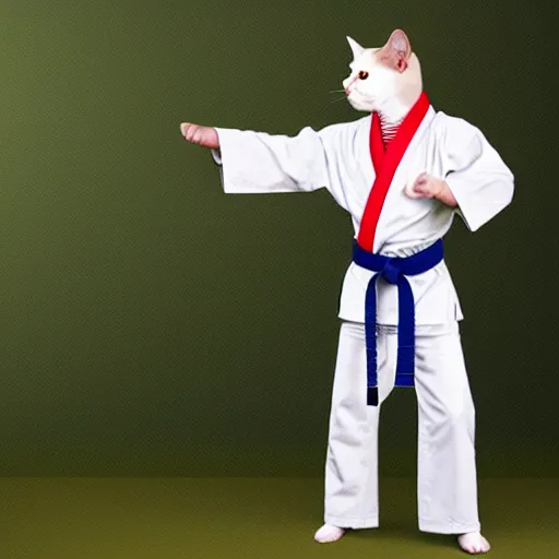 Image similar to realistic photo of a humanoid cat wearing a karate uniform in fighting pose