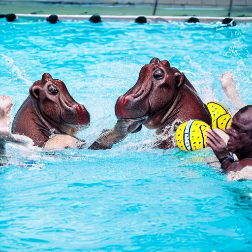 Prompt: hippopotamuses playing water polo with people. sports photograph.