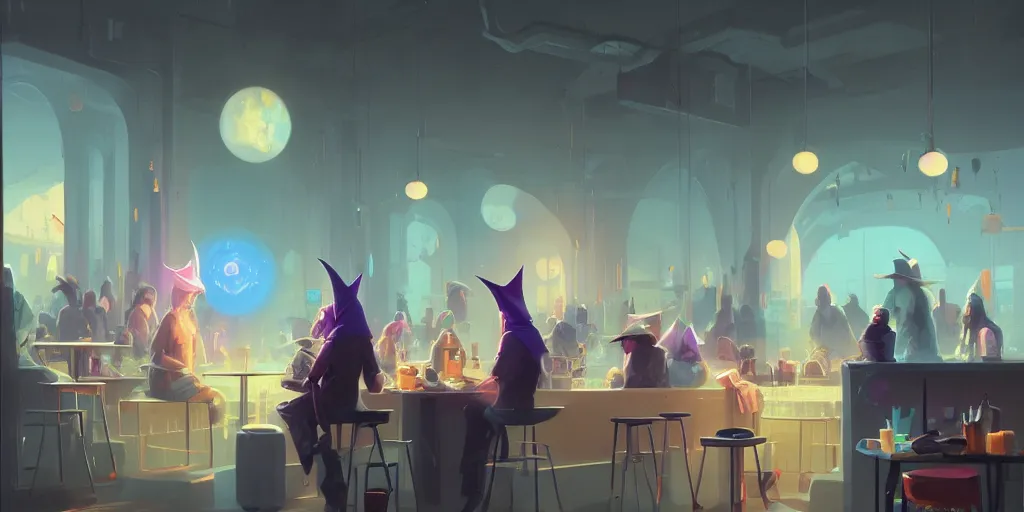 Prompt: in the center foreground a wizard with a pointy hat sips his coffee by Ross Tran, people stare in the busy coffee shop, matte paiting by beeple and RHADS, ultra realistic, award winning, artstation, unreal render,