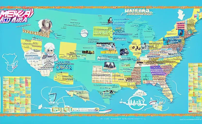 Image similar to hatsune miku across america map, map key, tourist map, brochure