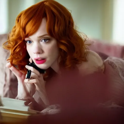 Prompt: amazing beautiful Christina Hendricks with huge puffy lips in the living room, film still from the movie directed by Denis Villeneuve , wide lens