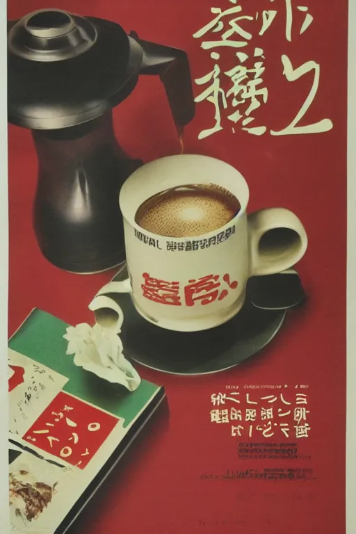 Image similar to coffee advertisment, still life, 1 9 7 0 s japan shouwa advertisement, print, nostalgic