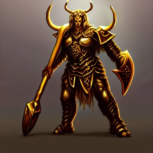 Prompt: epic minotaur beast in heavy golden armor wielding giant axe, artwork, concept art, greek mythology, dark fantasy, digital painting, artstation, d&d