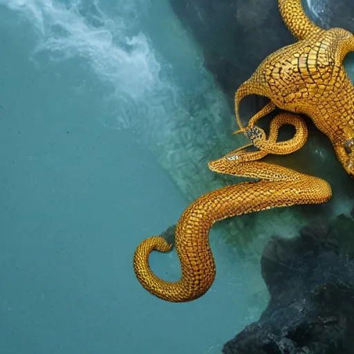 Image similar to a golden serpent in the sea spitting venom