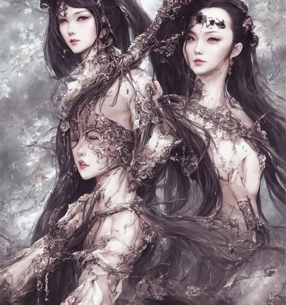 Image similar to a beautiful woman, wuxia, artgerm, elegant, concept art, gothic cathedral ， highly detailed, artstation, behance, deviantart, by wlop, ayami kojima, trending ，