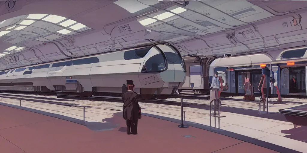 Prompt: retrofuturistic train station by syd mead and ron cobb