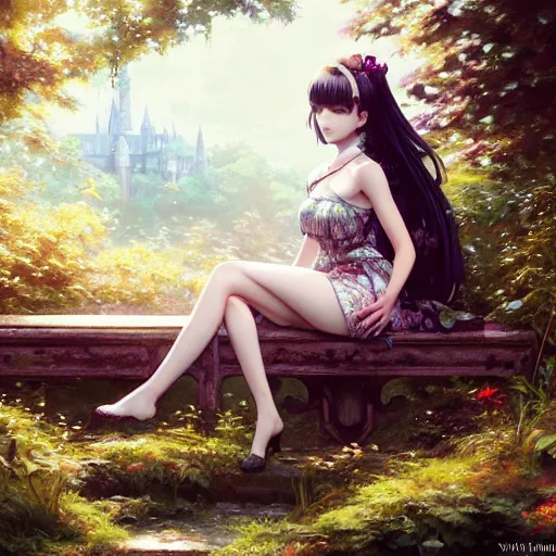 Prompt: beautiful young girl in intricate clothing, sitting on a bench of an overgrown abandoned castle, reflections, very high intricate details, painting, digital anime art, medium shot, mid - shot, wlop, ilya kuvshinov, artgerm, krenz cushart, greg rutkowski, sana takeda