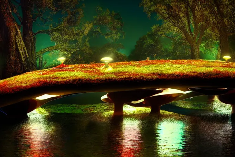 Image similar to giant mushrooms with lights next to a small bridge, flowing water, digital art, scenic,