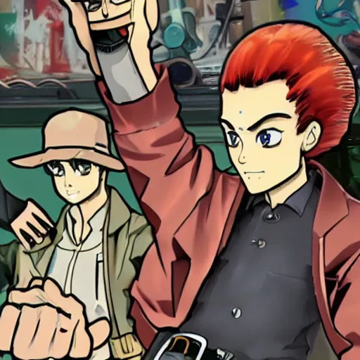 Image similar to old charismatic mechanic, jojo anime style