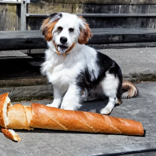 Prompt: san bernardo dog eating a baguette, photography