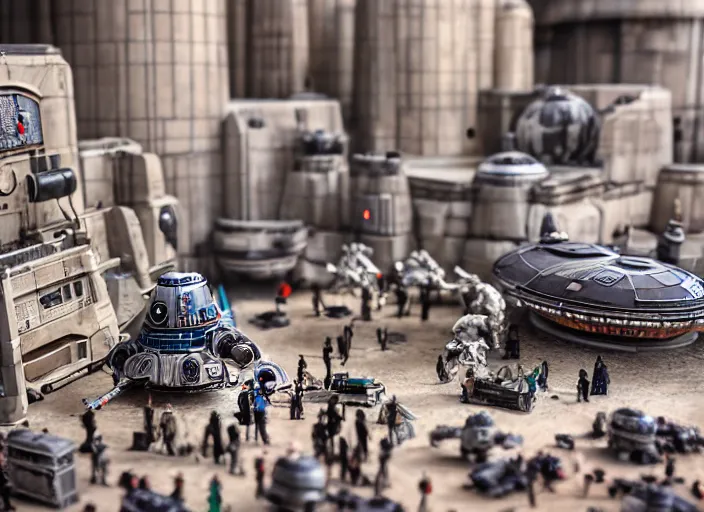 Image similar to a photo of a epic grand scale diorama of star wars figures and vehicles and buildings, canon, macro photography, tilt - shift photography