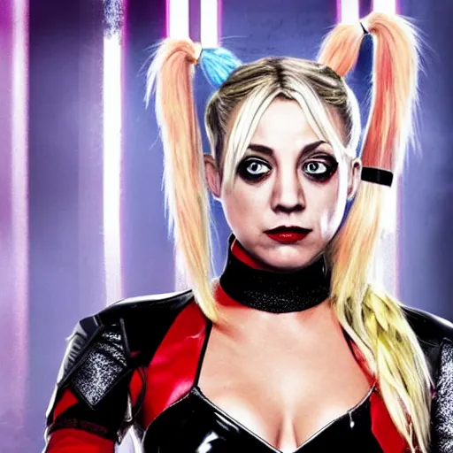 Image similar to A still of Kaley Cuoco as Harley Quinn