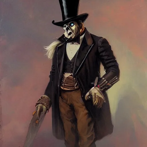 Prompt: a victorian era portrait painting of a warcraft orc in a suit and top hat by Peter Mohrbacher