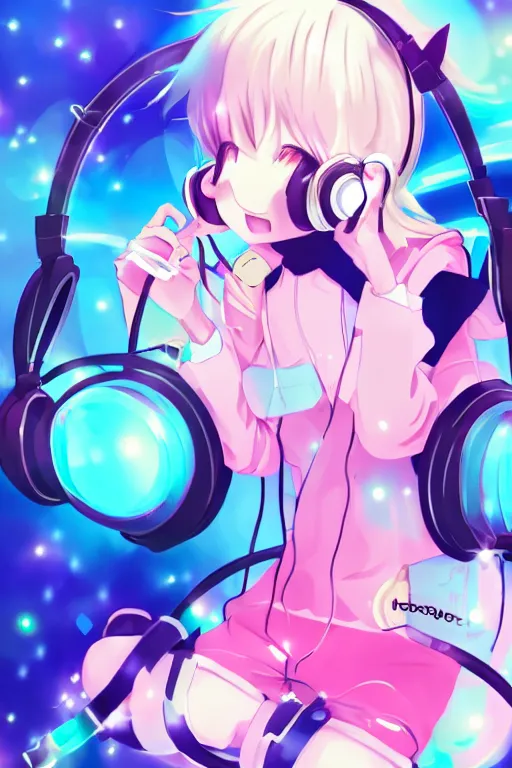 Prompt: an anime catgirl listening to music on headphones, candy pastel, backlighting, trending on pixiv