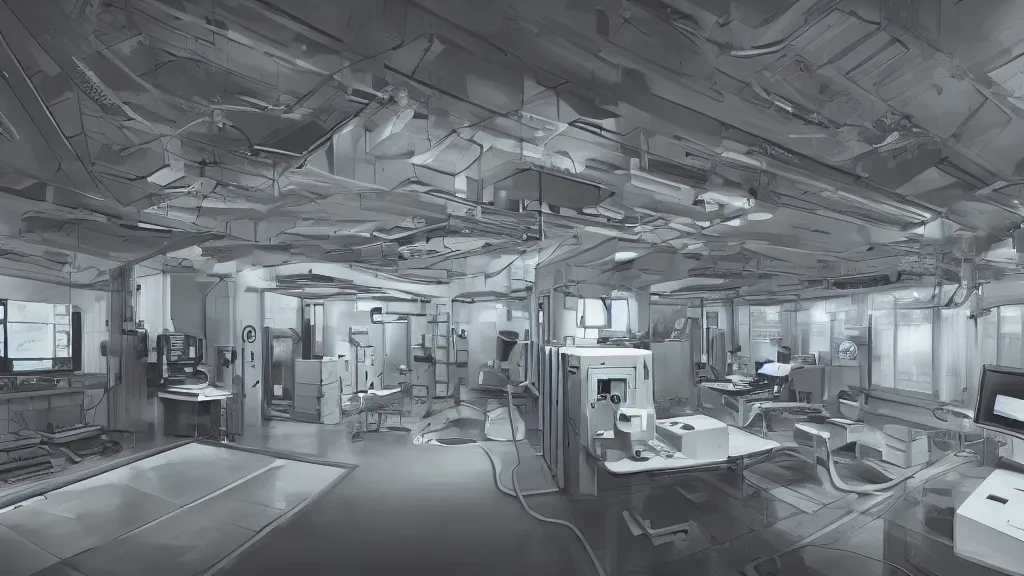Image similar to a secret research center with a scanning machine connected by many computers with many pipes par ryan church, photorealistic, ultra detailed, cinematographic, filmic