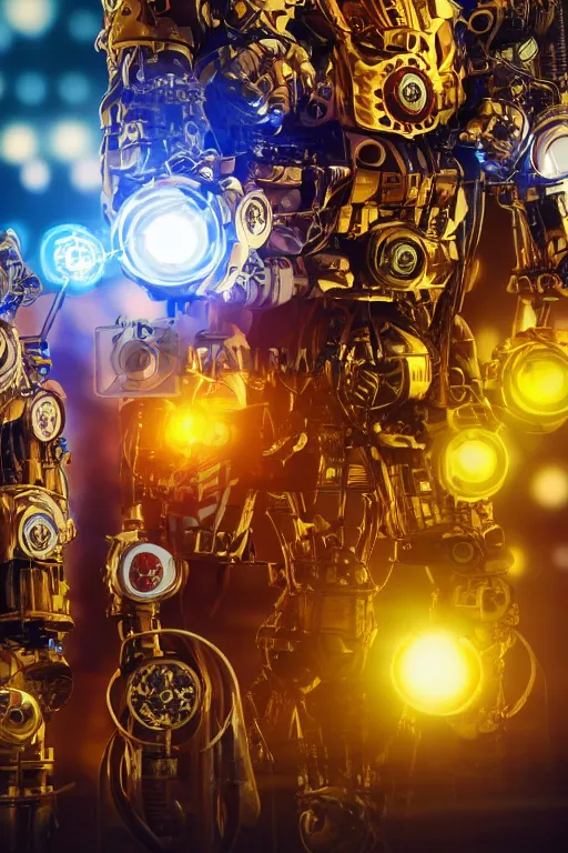 Prompt: photo of a giant huge golden and blue metal humanoid steampunk robot with big gears and tubes, robot is broken and falling apart into pieces, eyes are glowing red lightbulbs, shiny crisp finish, 3 d render, 8 k, insaneley detailed, fluorescent colors, background is multicolored lasershow