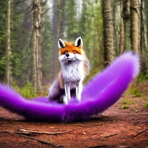 Image similar to a purple fox with a long fluffy and shiny coat sits in the forest on a ufo flying saucer. super realistic photo. clear details